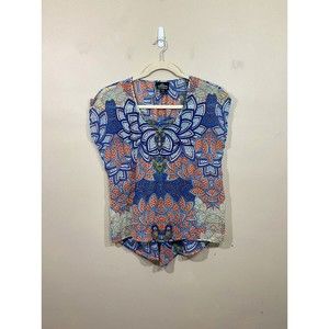 Womens Sheer Boho Shirt S Blue Flowy Hippie Beach Geometric Print Cruise